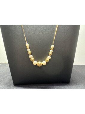 Yellow Gold Tone Necklace With Freshwater Pearls & Gold Beads 16 Inches Elegant